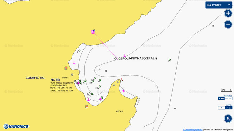Открыть карту Navionics стоянок яхт в  Кефали. Остров Каламос. Ионическое море. Греция