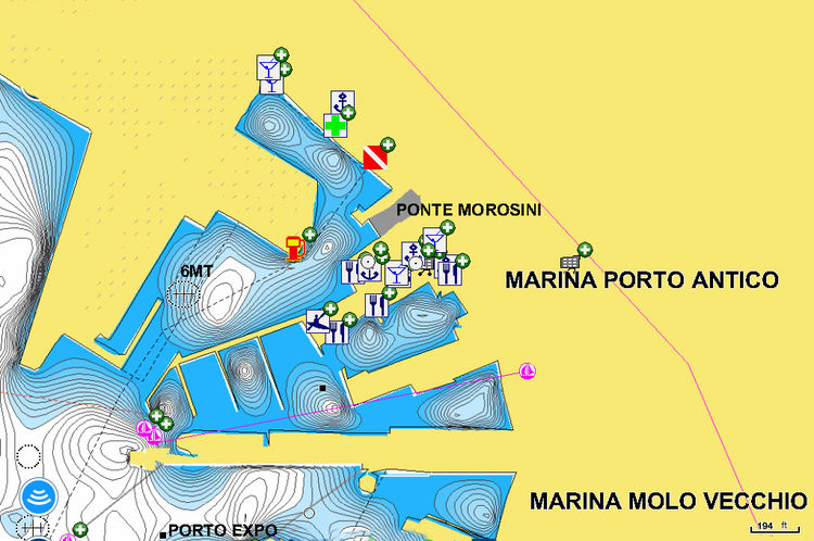 Открыть карту Navionics стоянок яхт в  Porto Antico.