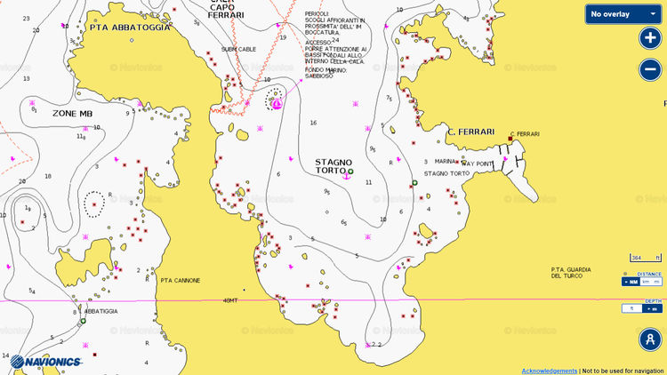 Откыть карту Navionics якорной стоянки яхт в бухте  мыса Феррари. Остров Маддалена. Сардиния. Италия