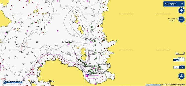 Откыть карту Navionics якорных стоянок яхт в бухте Кала Гарибальди. Остров Капрера. Сардиния. Италия