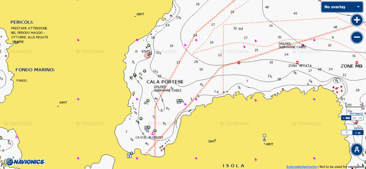 Откыть карту Navionics якорных стоянок яхт в бухте Кала Портезе. Остров Капрера. Сардиния. Италия