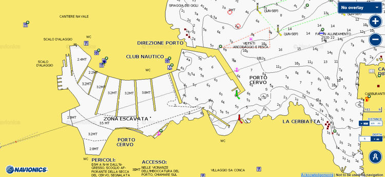 Откыть карту Navionics яхтенных стоянок в марине Поро Черво. Сардиния. Италия
