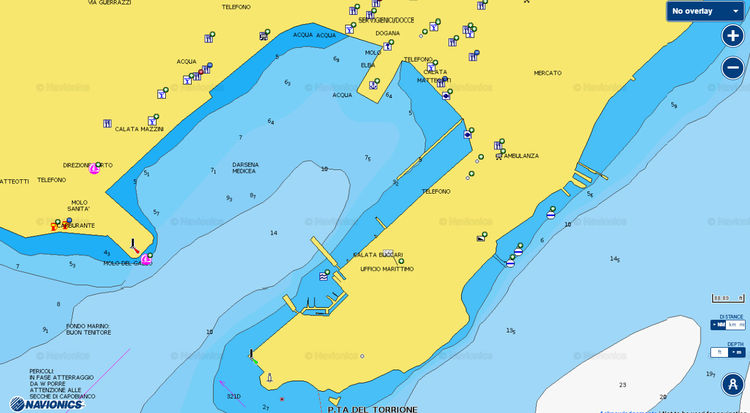 Открыть карту Navionics стоянок яхт в  в старом порту Портоферрайо. Остров Эльба. Италия