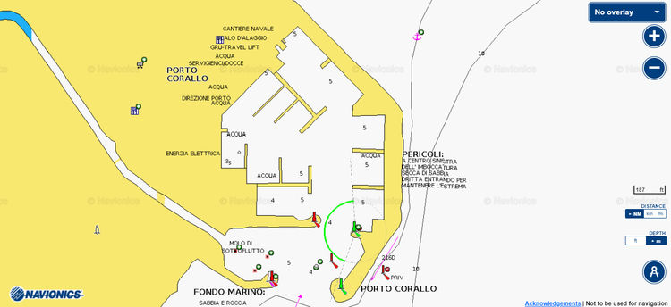 Открыть карту Navionics яхтенных стоянок в марине Поро Коралло. Сардиния. Италия