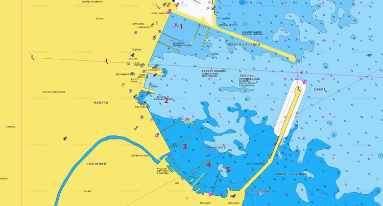 Открыть карту Navionics яхтенных стоянок в порту Карлофорте. Сардиния. Италия