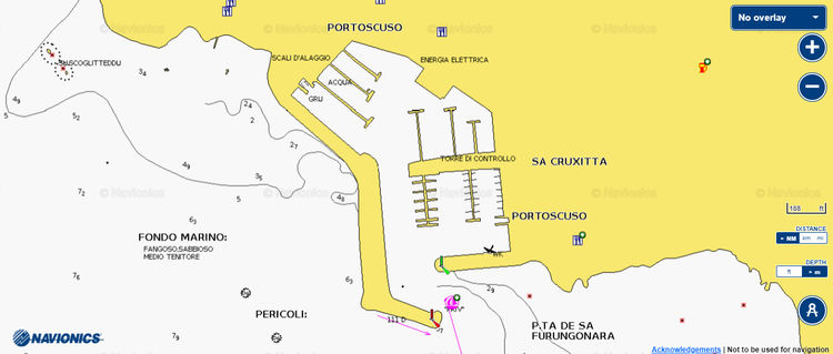 Откыть карту Navionics яхтенных стоянок в марине Портоскузо. Сардиния. Италия
