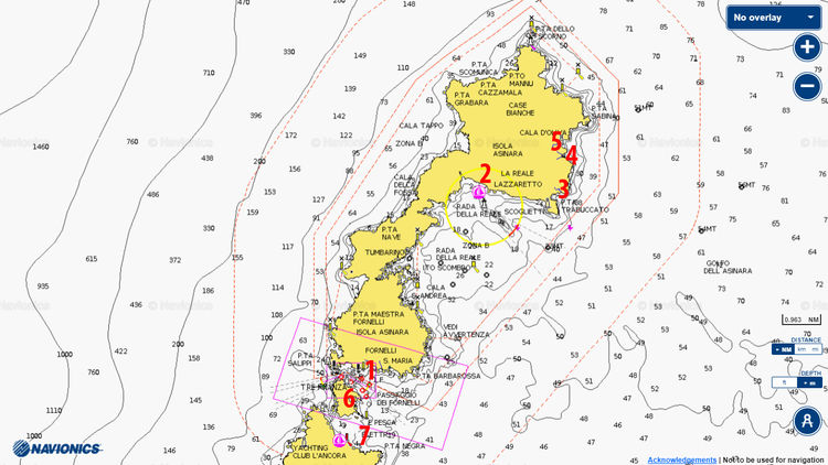 Откыть карту Navionics яхтенных стоянок  в Национальном Парке Асинара. Сардиния. Италия