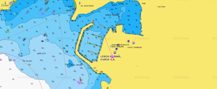 Открыть карту Navionics стоянок яхт в марине Лакки. Остров Лерос. Додеканес. Греция