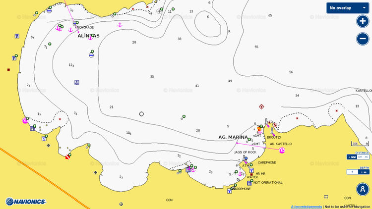 Открыть карту Navionics стоянок яхт в бухте Алинда. Остров Лерос. Додеканес. Греция
