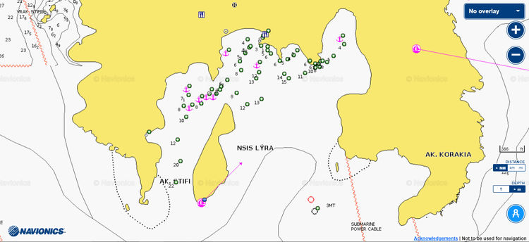 Открыть карту Navionics стоянок яхт у острова Лира. Остров Липси. Додеканес. Греция