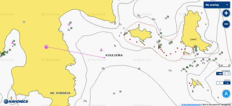 Открыть карту Navionics стоянок яхт в бухте Колура. Остров Липси. Додеканес. Греция
