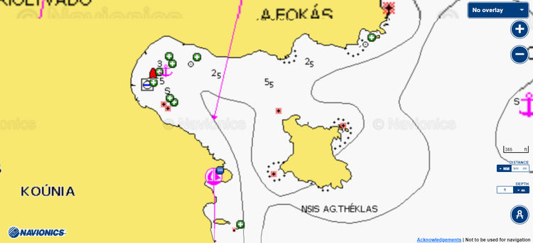 Открыть карту Navionics стоянок яхт в бухте Агриоливада. Остров Патмос. Додеканес. Греция