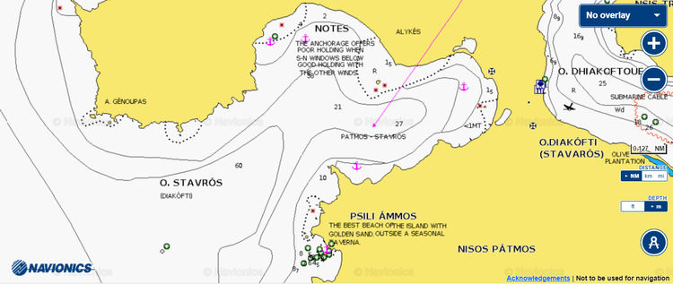 Открыть карту Navionics стоянок яхт в бухте Ставрос. Остров Патмос. Додеканес. Греция