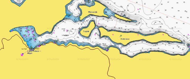 Открыть карту Navionics яхтенных стоянок  бухты Полач. Остров Млет.Хорватия