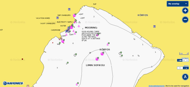 Открыть карту Navionic яхтенных стоянокв Корфосе. Бухта Софико. Залив Сароникс. Греция.