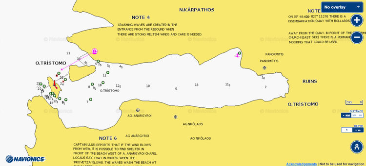 Открыть карту Navionics стоянок яхт в в бухте Тристомо. Остров Карпатос. Додеканес. Греция