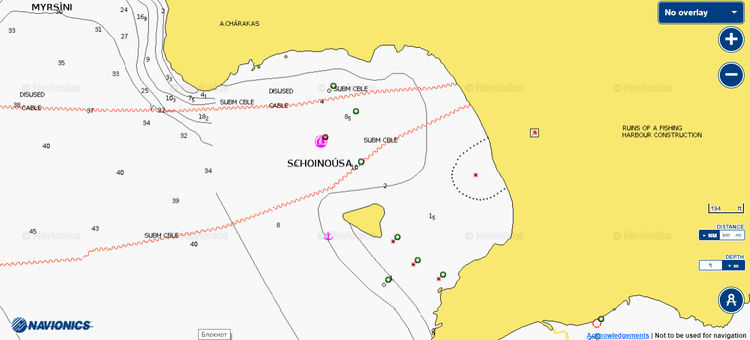 Открыть карту Navionics стоянок яхт в бухте Цигури на острове Схинуса. Киклады. Греция