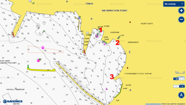 Открыть карту Navionics стоянок яхт в порту Тинос на острове Тинос. Киклады. Греция