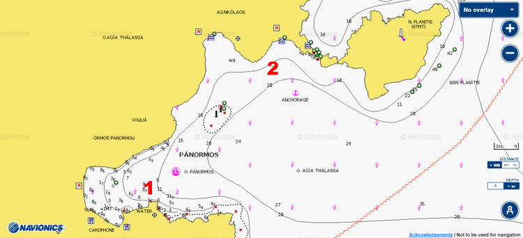 Открыть карту Navionics стоянок яхт в бухте Панормос на острове Тинос. Киклады. Греция