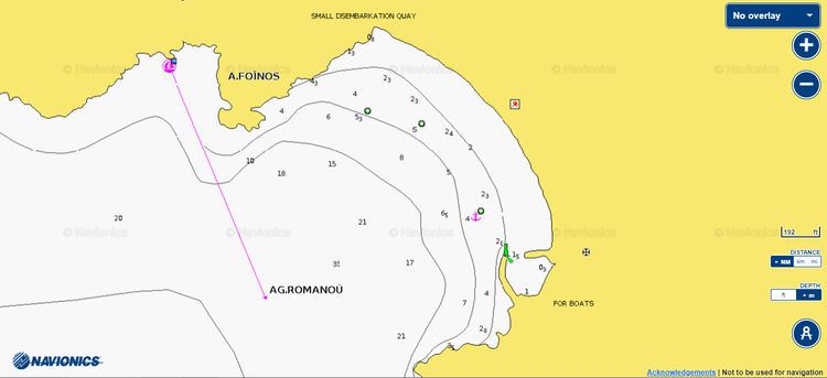 Открыть карту Navionics стоянок яхт в бухте Романос на острове Тинос. Киклады. Греция
