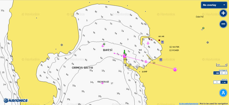 Открыть карту Navionics стоянок яхт в фишпорту Батси на острове Андрос. Киклады. Греция
