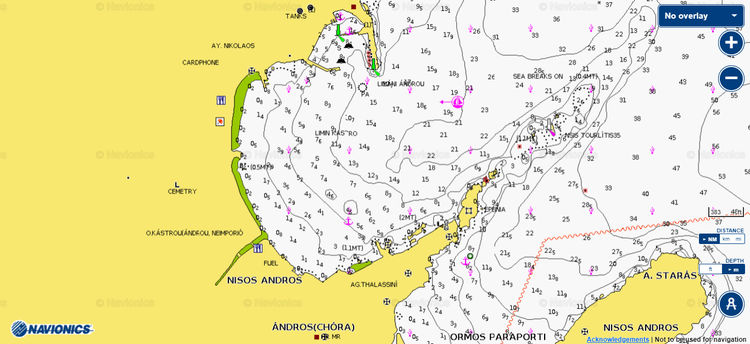 Открыть карту Navionics стоянок яхт в Кастро на острове Андрос. Киклады. Греция