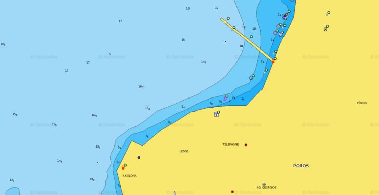 Карта яхтенной марины Порос и якорной стоянки в бухте Порос. Остров Порос. Греция