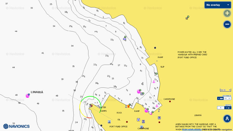 Открыть карту Navionic яхтенных стоянок в порту Линария на острове Скирос
