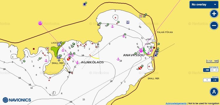 Открыть карту Navionic яхтенных стоянок в бухте Анависос. Залив Сароникс. Греция.