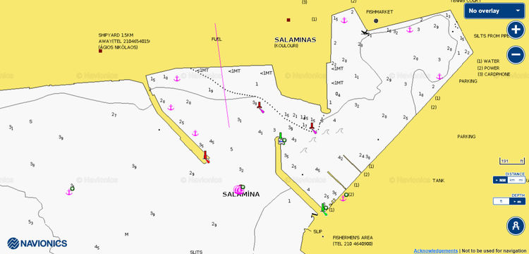 Открыть карту Navionics cтоянок яхт в порту Саламис. Остров Саламин. Греция