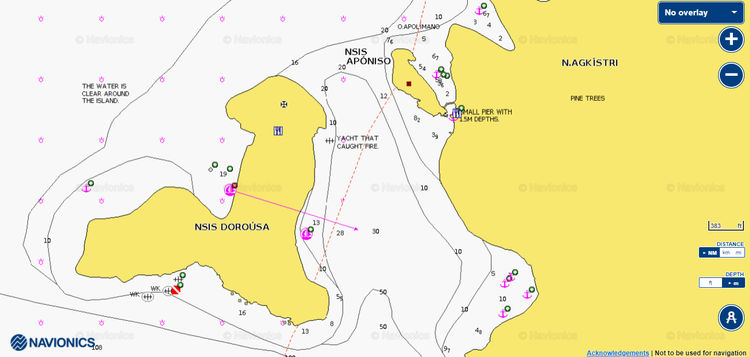 Открыть карту Navionics якорных cтоянок яхт у острова Доруса. Остров Ангистри. Греция