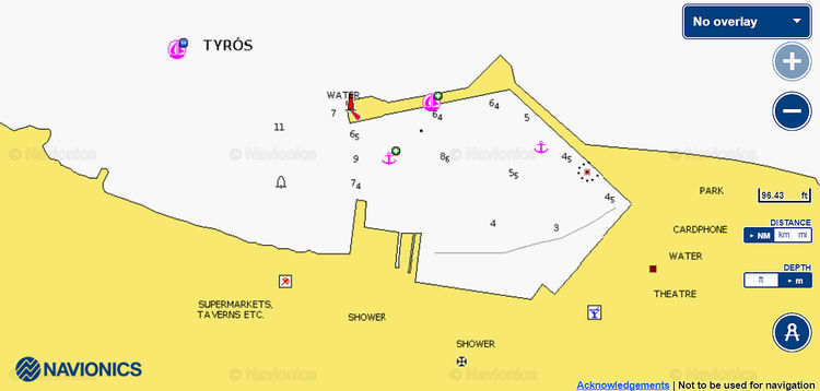 Открыть карту Navionic яхтенных стоянок в фишпорту Тирос. Залив Арголикос. Греция
