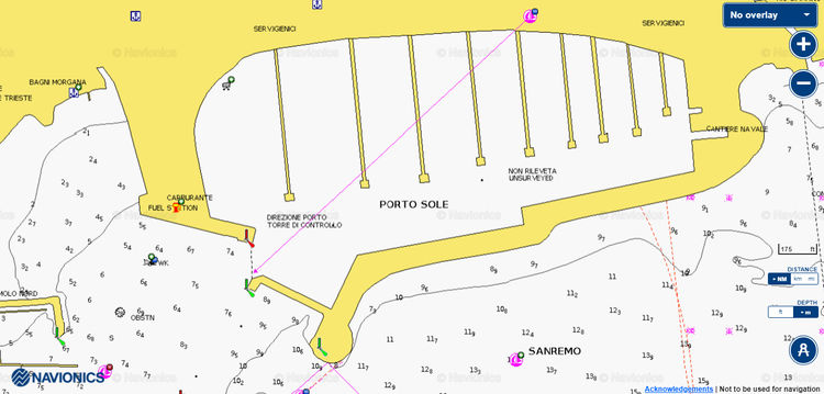 Открыть карту Navionics стоянок яхт в марине Портосоль. Сан-Ремо. Италия.