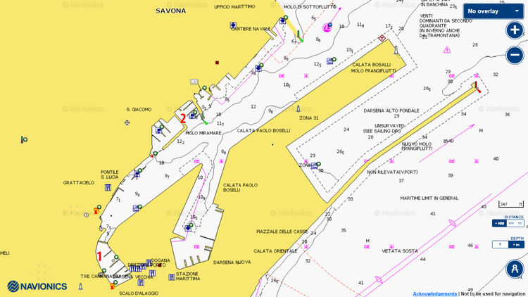 Открыть карту Navionics стоянок яхт в порту Савона. Лигурия. Италия.