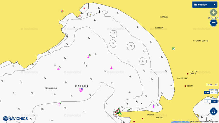 Открыть карту Navionics стоянок яхт в порту Капсали. Остров Китира. Ионическое море. Греция