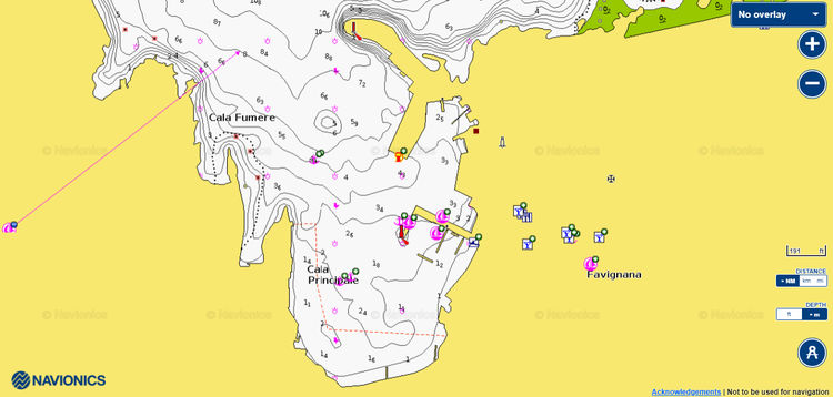 Открыть карту Navionics стоянок яхт в Кала Принчипале (Фавиньяна)