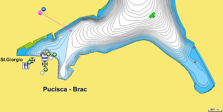 Открыть карту Navionics яхтенных стоянок в Пучишче на острове Брач. Хорватия