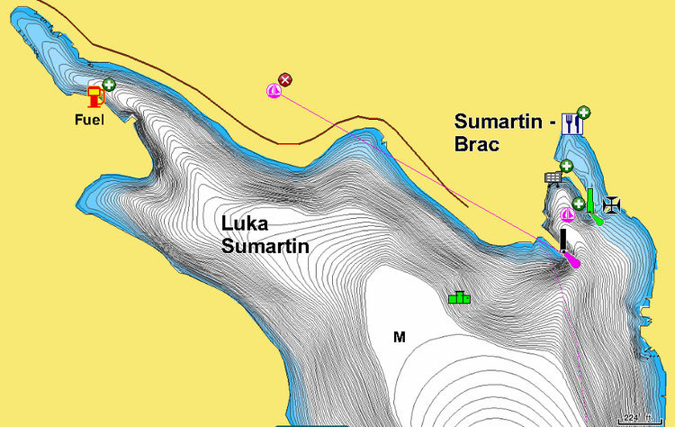 Открыть карту Navionics яхтенных стоянок в заливе Сумартин. Остров Брач. Хорватия