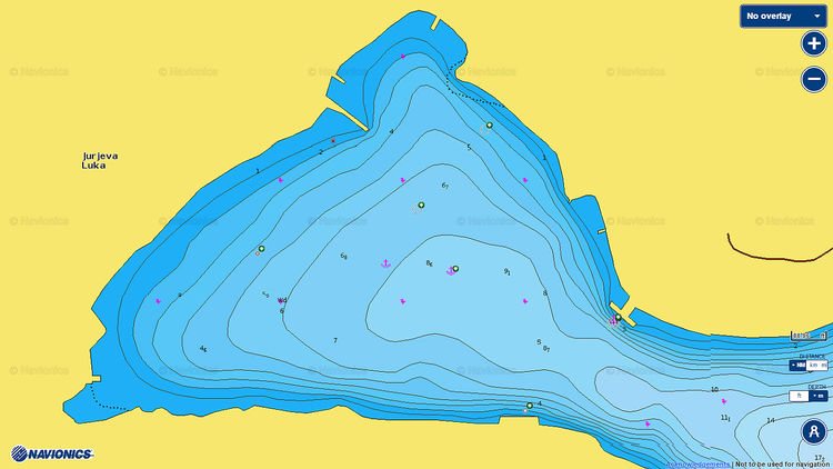 Открыть карту Navionics стоянок яхт в бухте Юрай залива Veli Lago. Остров Ластово. Хорватия