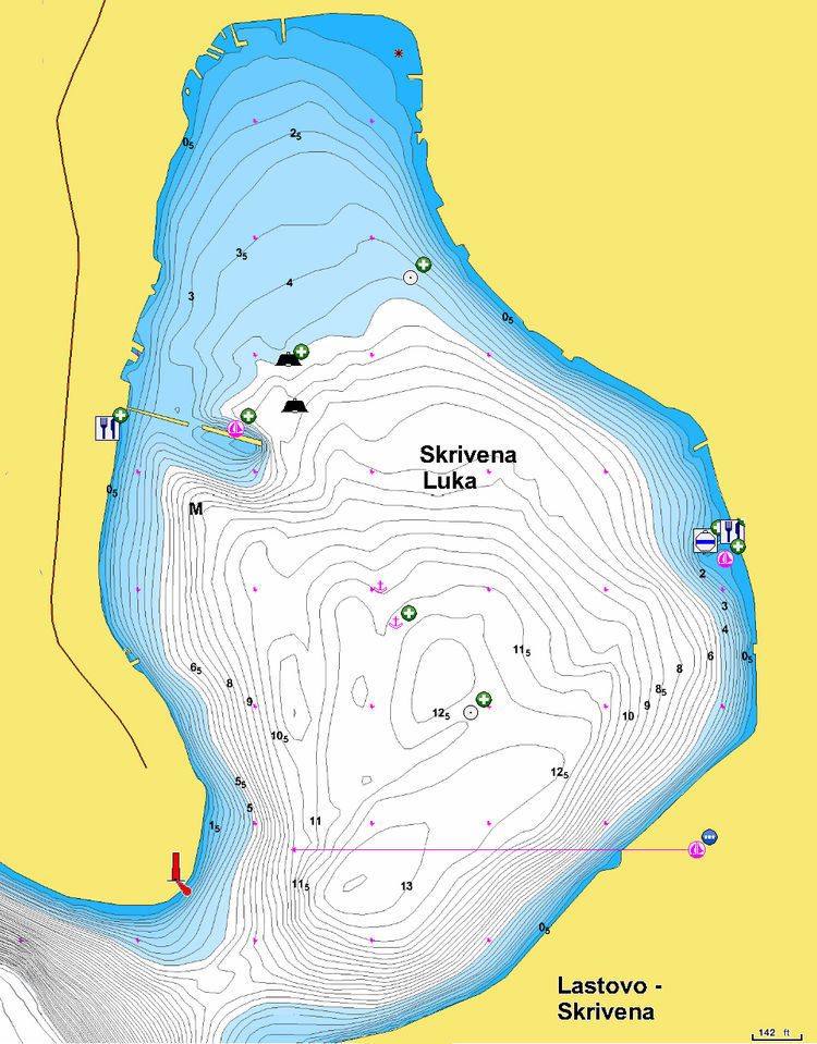 Открыть карту Navionics стоянок яхт в бухте Скривена. Остров Ластово. Хорватия.
