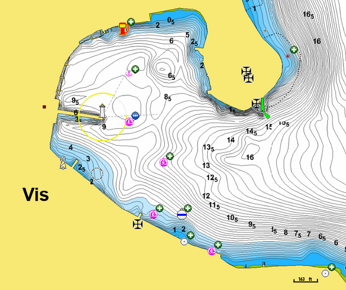 Открыть карту Navionics стоянок яхт у города Вис. Остров Вис. Хорватия