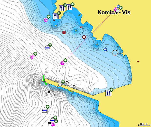 Открыть карту Navionics стоянок яхт  в  порту Комижа. Остров Вис. Хорватия