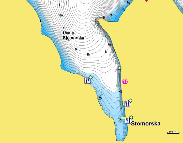 Открыть карту Navionics стоянок яхт в  Стоморска. Остров Шолта. Хорватия.