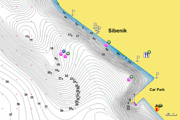 Открыть карту Navionics стоянок яхт  на набережной Шибеника. Хорватия