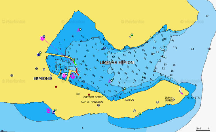 Открыть карту Navionics стоянок яхт в порту Эрмиони. Залив Арголикос. Греция