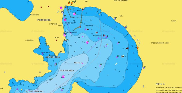 Открыть карту Navionics стоянок яхт в  Порто Хели. Залив Арголикос. Греция