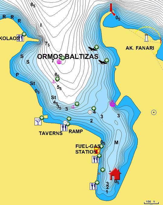 Карта  стоянки яхт у города Спецес на одноименном острове. Залив Арголикос. Греция
