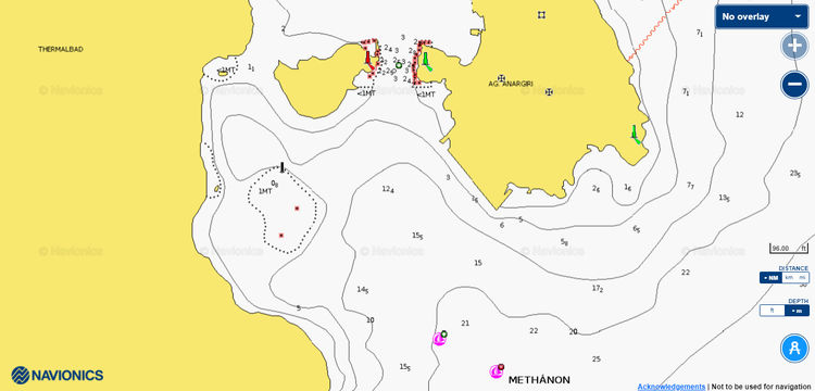Открыть карту Navionics стоянки яхт у пирса Метаны. Залив Сароникс. Греция