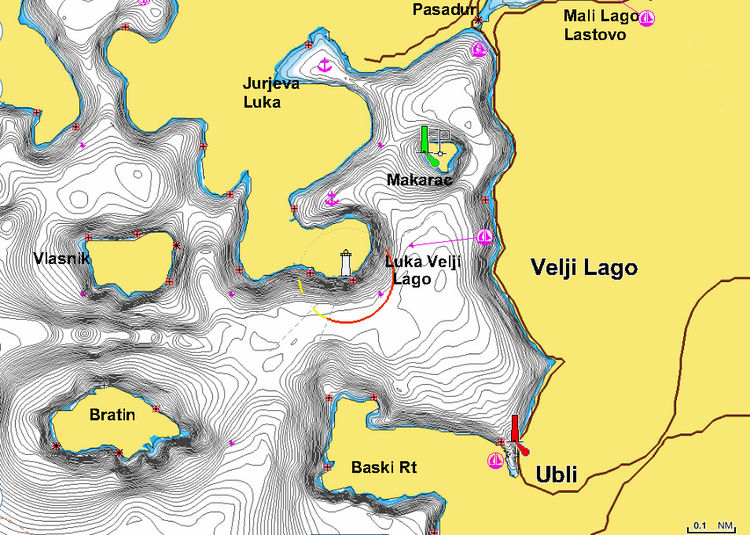 Карта яхтенных стоянок  в заливе Veli Lago. Остров Ластово. Хорватия