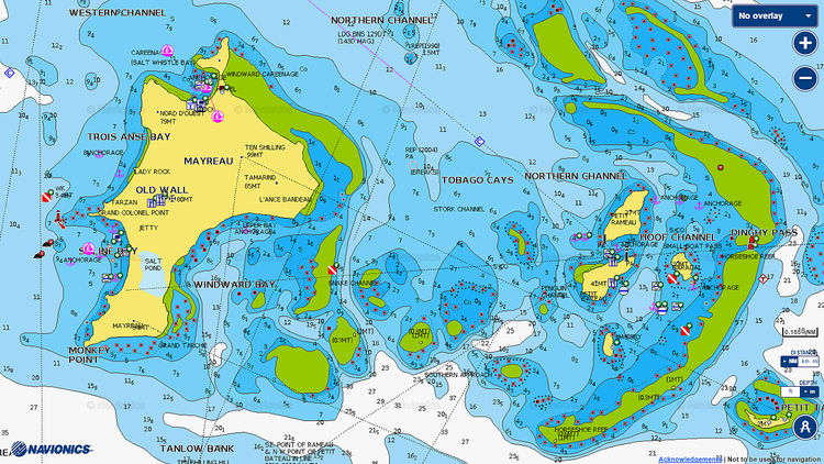 Отркыть карту Navionics стоянок яхт у острова Меро и рифов Тобаго. Гренадины. Карибы.